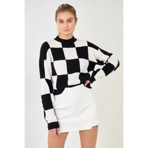Grey Lab NEW Checkerboard Knit Cotton Blend Cropped Sweater Black White Small